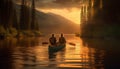 Two smiling adults enjoy canoeing in tranquil autumn Alberta waters generated by AI