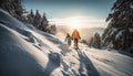 Two smiling adults enjoy winter hiking in snowy mountain landscape generated by AI