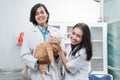 two smiling asian vets looking at the camera while checking brown cat Royalty Free Stock Photo