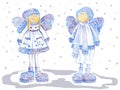 Two smiling christmas angels with fluffy wings on white background.