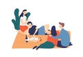 Two smiling couple enjoying outdoor picnic vector flat illustration. Happy young friends relaxing, talking isolated on