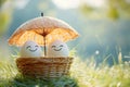 Two smiling eggs under umbrella in bird nest Royalty Free Stock Photo