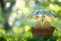 Two smiling eggs under umbrella in bird nest Royalty Free Stock Photo