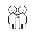 Two smiling friend characters with arms around eachother shoulders. Friendship vector thin line icon illustration