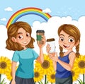 Two smiling girls with drinks among sunflowers Royalty Free Stock Photo