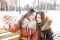 Two smiling girls make selfie in winter park Royalty Free Stock Photo