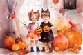 Two smiling little kids in Halloween costumes holding pumpkin buckets for candies, watercolor illustration Royalty Free Stock Photo