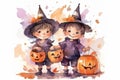 Two smiling little kids in Halloween costumes holding pumpkin buckets for candies, watercolor illustration Royalty Free Stock Photo