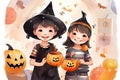 Two smiling little kids in Halloween costumes holding pumpkin buckets for candies, watercolor illustration Royalty Free Stock Photo