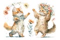 Two smiling Mainecoon kittens dancing in a spring flower garden.