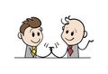 Two smiling men holding each other hands. Cartoon stick figure drawing of men shaking hands or doing handshake. Friendship