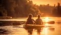 Two smiling people paddling canoe at sunset generated by AI