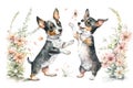 Two smiling rat terrier puppies dancing with spring flowers in a garden. Royalty Free Stock Photo