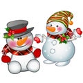 Two smiling snowman wearing a striped cap and tophat. Sketch for greeting card, festive poster or party invitations.The Royalty Free Stock Photo