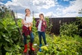 Two teenage girls posing in garden with gardening tools