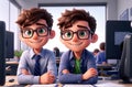Two smiling twin boys at a desk in a school listening attentively to the teacher\'s explanation, AI generation