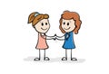 Two smiling women holding each other hands. Cartoon stick figure drawing of women shaking hands or doing handshake.