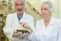 Two smiling workers in lab coats