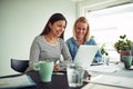 Two smiling businesswomen working online with a laptop together Royalty Free Stock Photo