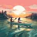 Two smiling young women kayaking down a river. Kayaking on lake together or peaceful river. Summer watersport. Gadget-free Royalty Free Stock Photo