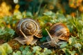 Two Snails Crawling on Moss in the Sunlit Forest, Close Up Macro Shot of Mollusks in Nature