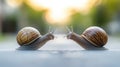 Two snails face each other on a smooth surface, creating a serene and balanced scene, AI