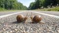 two snails facing each other in the center of a road Royalty Free Stock Photo