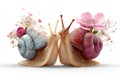 Two Snails Kissing with Pink and Blue Shells and Flowers Royalty Free Stock Photo