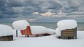 Two snow covered benches Royalty Free Stock Photo