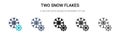 Two snow flakes icon in filled, thin line, outline and stroke style. Vector illustration of two colored and black two snow flakes Royalty Free Stock Photo