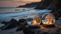 Romantic Winter Solstice Snow Globes on Beach at Sunset Royalty Free Stock Photo