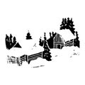 Two snow houses in the winter forest. Hand made linocut. Black composition on white background. Vector illustration