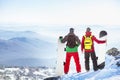 Two snowboarders mountain top view point