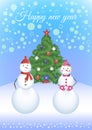 Two snowmen around Christmas tree