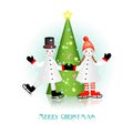 Two snowmen and christmas tree Royalty Free Stock Photo