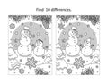 Two snowmen find the differences picture puzzle and coloring page