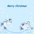 Two snowmen ice-skating, snowing, there is a greeting inscription Royalty Free Stock Photo