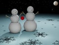 Two snowmen in love in the moonlight 3D illustration