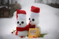 Two snowmen in love. Snowman gave a present to his beloved.