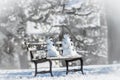 Two snowmen on park bench seem to be having an animated conversation - vintage filter