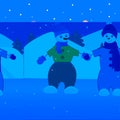 Two snowmen ride on ice, vector illustration