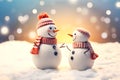 Two snowmen stand on a Christmas background. Postcard Merry Christmas and Happy New Year. AI generated Royalty Free Stock Photo