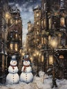 Two snowmen stand on the corner of a snowy street in a large urban development.
