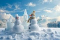 Two snowmen stand side by side in a snowy landscape, Snowmen building ice castles in a winter landscape, AI Generated Royalty Free Stock Photo