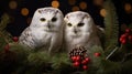 two snowy owls on a Christmas tree branch with a fir cone, against the backdrop of night lights, banner