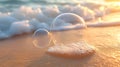 Two soap bubbles on beach, sunset waves Royalty Free Stock Photo