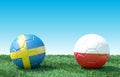 Two soccer balls in flags colors on green grass. Sweden and Poland