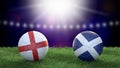 Two soccer balls in flags colors on stadium blurred background. England and Scotland.