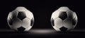 Two soccer balls placed against each other on black background. Soccer scoreline symbols with copy space for match announcements.