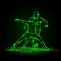 Two soccer players fighting for a ball. Green neon silhouette of a striker and football defender who blocks the ball Royalty Free Stock Photo